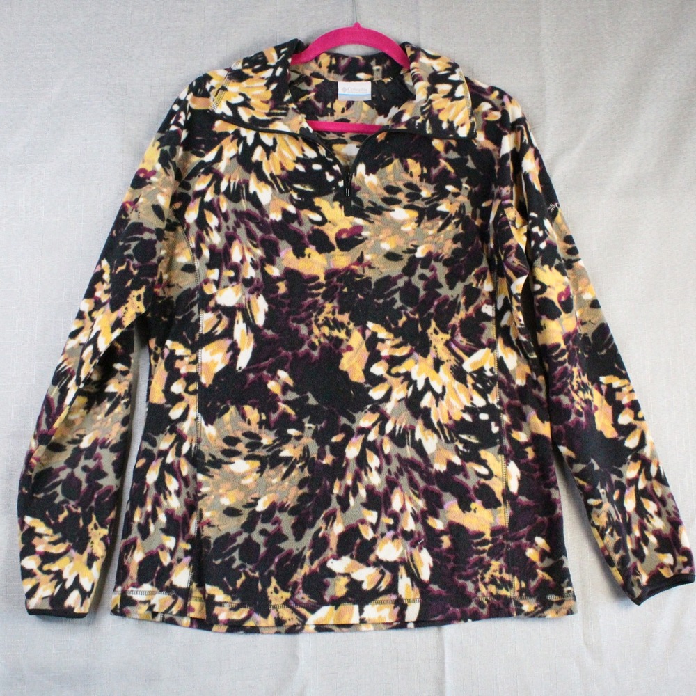 Columbia Fleece Pullover XL Floral Black Yellow Gorpcore Outdoorsy 1/4 Zip Top
